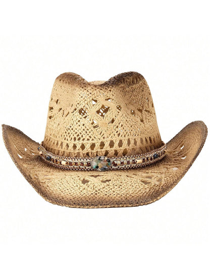 1 Hat And 2 Decorations Unisex Bead Decor Cowgirl Hat Hollow Out Summer Travel Shade Cowboy Hat Dyeing Wide Brim Printed Breathable With Beaded Trim Band Hand Woven Beach Hat Fedora Sun Hat Straw Hat