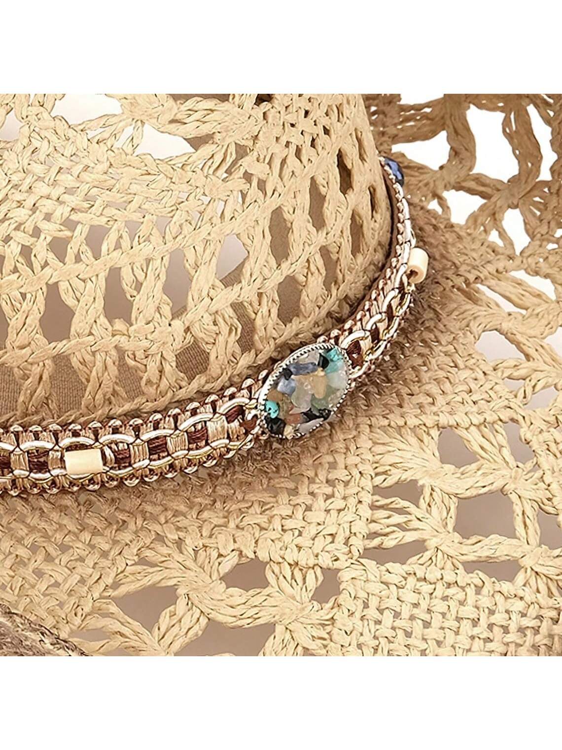 1 Hat And 2 Decorations Unisex Bead Decor Cowgirl Hat Hollow Out Summer Travel Shade Cowboy Hat Dyeing Wide Brim Printed Breathable With Beaded Trim Band Hand Woven Beach Hat Fedora Sun Hat Straw Hat