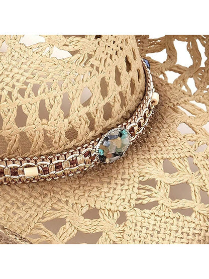 1 Hat And 2 Decorations Unisex Bead Decor Cowgirl Hat Hollow Out Summer Travel Shade Cowboy Hat Dyeing Wide Brim Printed Breathable With Beaded Trim Band Hand Woven Beach Hat Fedora Sun Hat Straw Hat