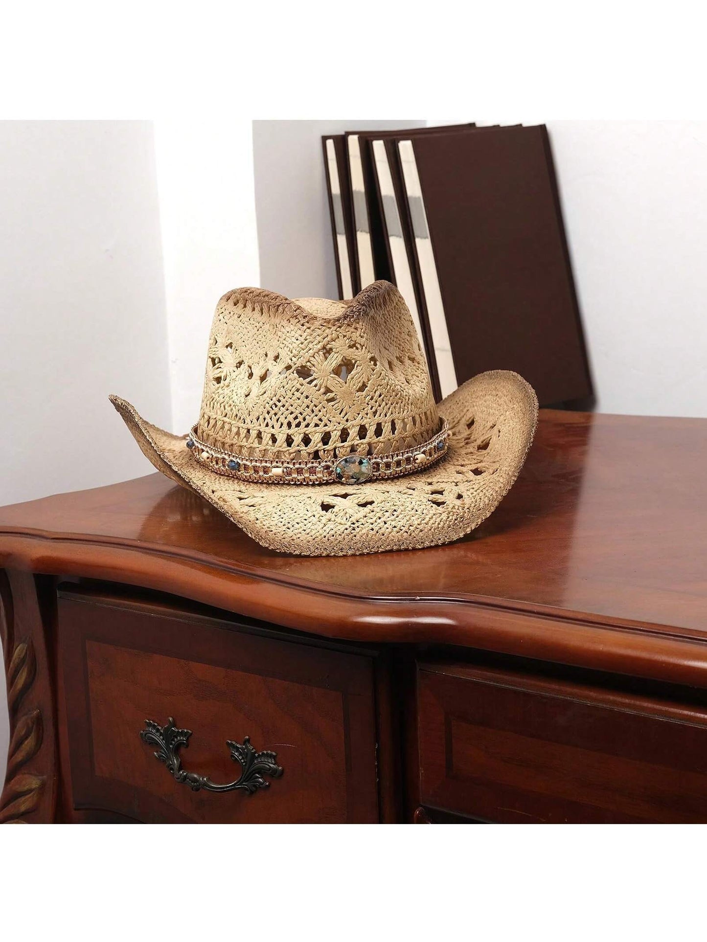 1 Hat And 2 Decorations Unisex Bead Decor Cowgirl Hat Hollow Out Summer Travel Shade Cowboy Hat Dyeing Wide Brim Printed Breathable With Beaded Trim Band Hand Woven Beach Hat Fedora Sun Hat Straw Hat