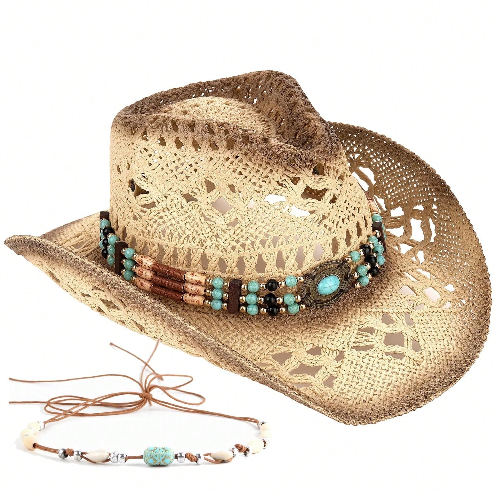 1 Hat And 2 Decorations Unisex Bead Decor Cowgirl Hat Hollow Out Summer Travel Shade Cowboy Hat Dyeing Wide Brim Printed Breathable With Beaded Trim Band Hand Woven Beach Hat Fedora Sun Hat Straw Hat