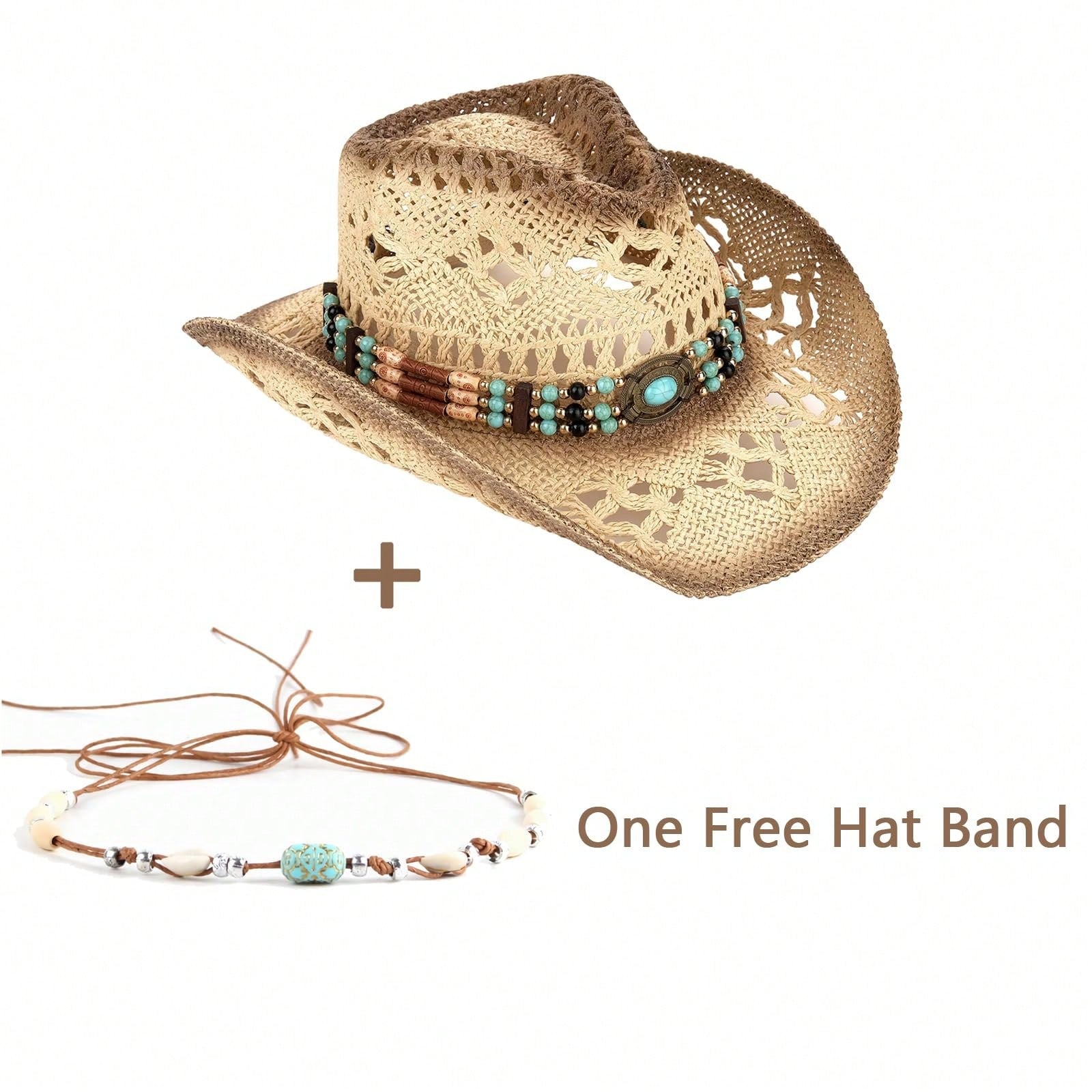 1 Hat And 2 Decorations Unisex Bead Decor Cowgirl Hat Hollow Out Summer Travel Shade Cowboy Hat Dyeing Wide Brim Printed Breathable With Beaded Trim Band Hand Woven Beach Hat Fedora Sun Hat Straw Hat