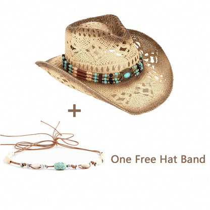 1 Hat And 2 Decorations Unisex Bead Decor Cowgirl Hat Hollow Out Summer Travel Shade Cowboy Hat Dyeing Wide Brim Printed Breathable With Beaded Trim Band Hand Woven Beach Hat Fedora Sun Hat Straw Hat