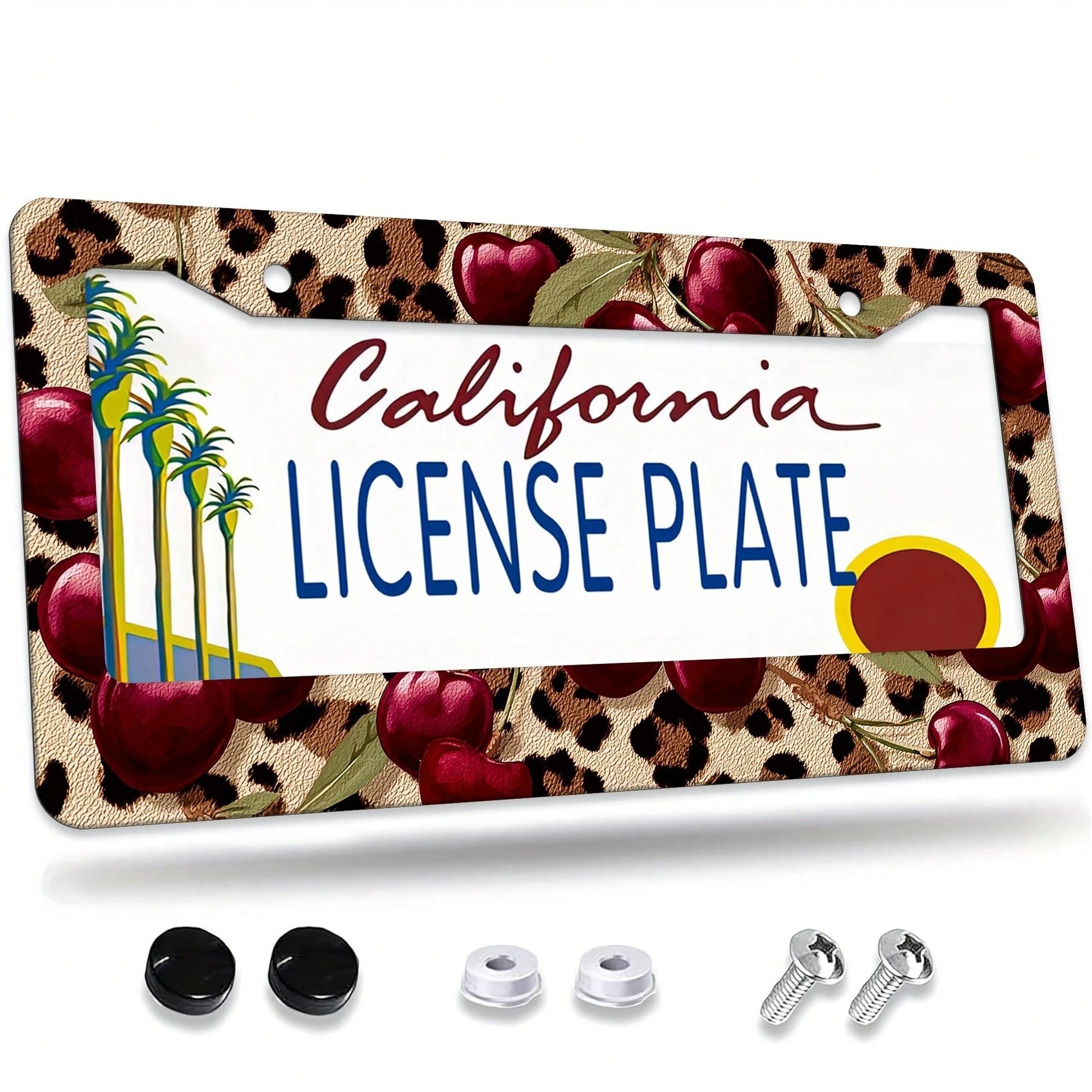 1 Leopard Background Cherry Pattern License Plate Frame, Car Decoration License Plate Cover, Aluminum Rustproof Anti-Shake Weatherproof American Standard License Plate Holder