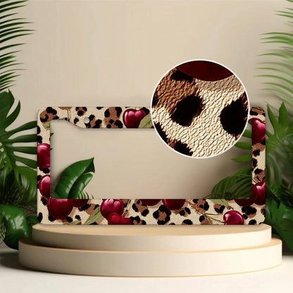 1 Leopard Background Cherry Pattern License Plate Frame, Car Decoration License Plate Cover, Aluminum Rustproof Anti-Shake Weatherproof American Standard License Plate Holder
