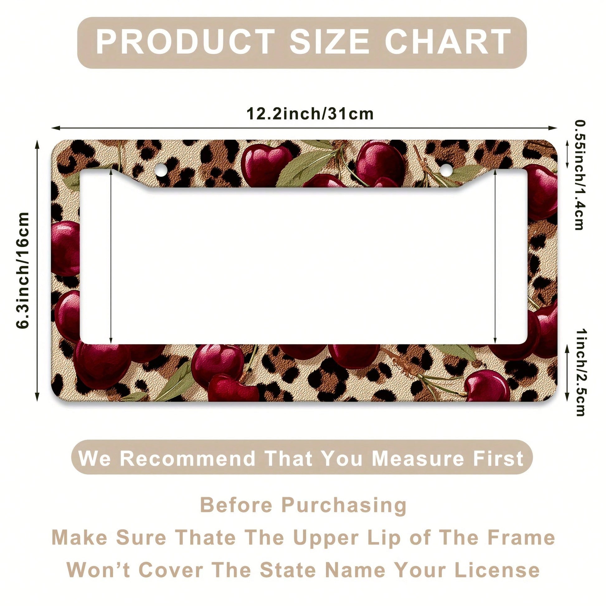 1 Leopard Background Cherry Pattern License Plate Frame, Car Decoration License Plate Cover, Aluminum Rustproof Anti-Shake Weatherproof American Standard License Plate Holder