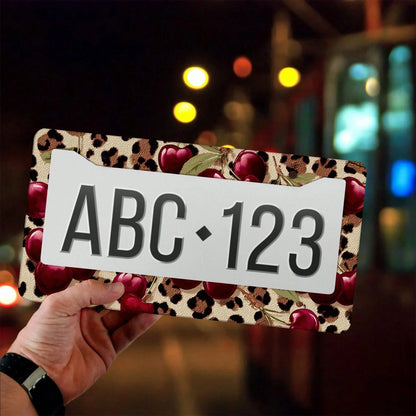 1 Leopard Background Cherry Pattern License Plate Frame, Car Decoration License Plate Cover, Aluminum Rustproof Anti-Shake Weatherproof American Standard License Plate Holder
