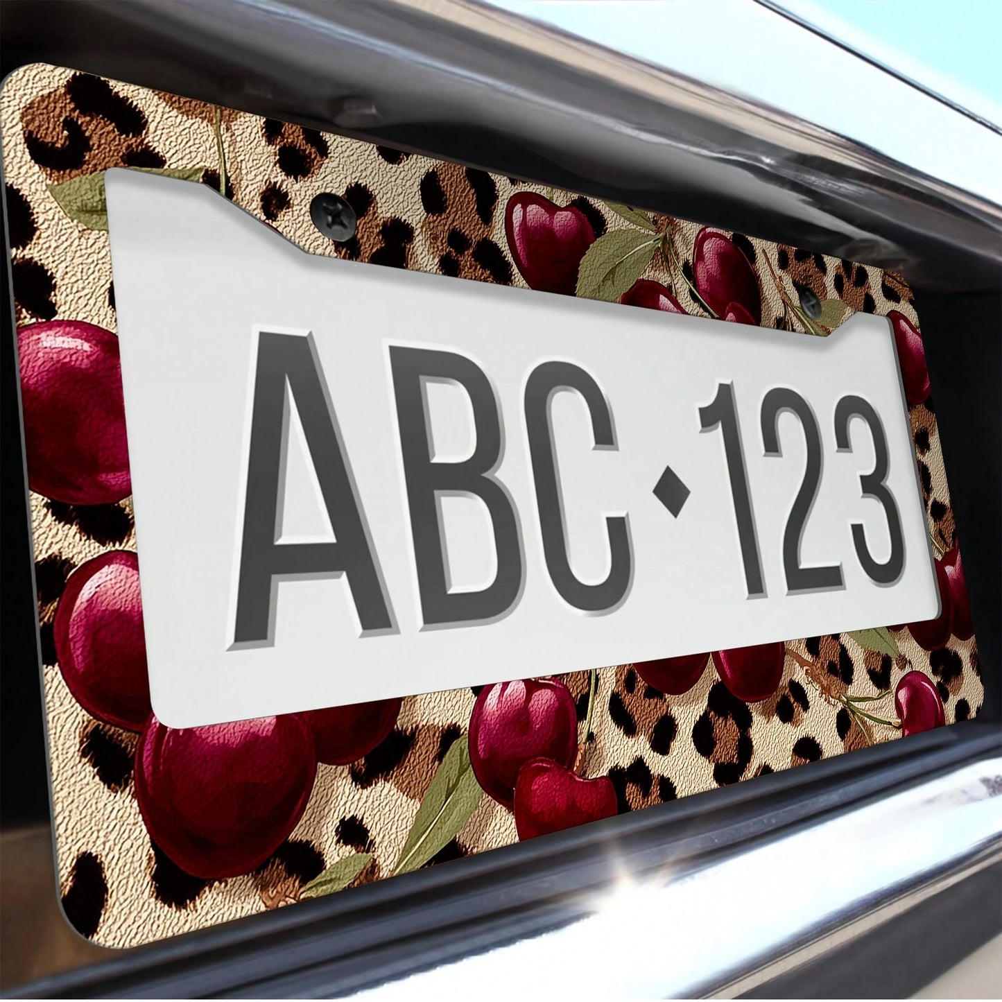 1 Leopard Background Cherry Pattern License Plate Frame, Car Decoration License Plate Cover, Aluminum Rustproof Anti-Shake Weatherproof American Standard License Plate Holder