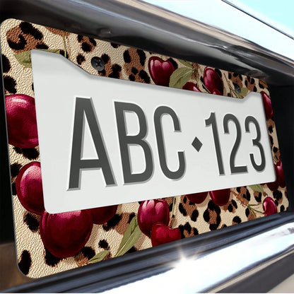 1 Leopard Background Cherry Pattern License Plate Frame, Car Decoration License Plate Cover, Aluminum Rustproof Anti-Shake Weatherproof American Standard License Plate Holder