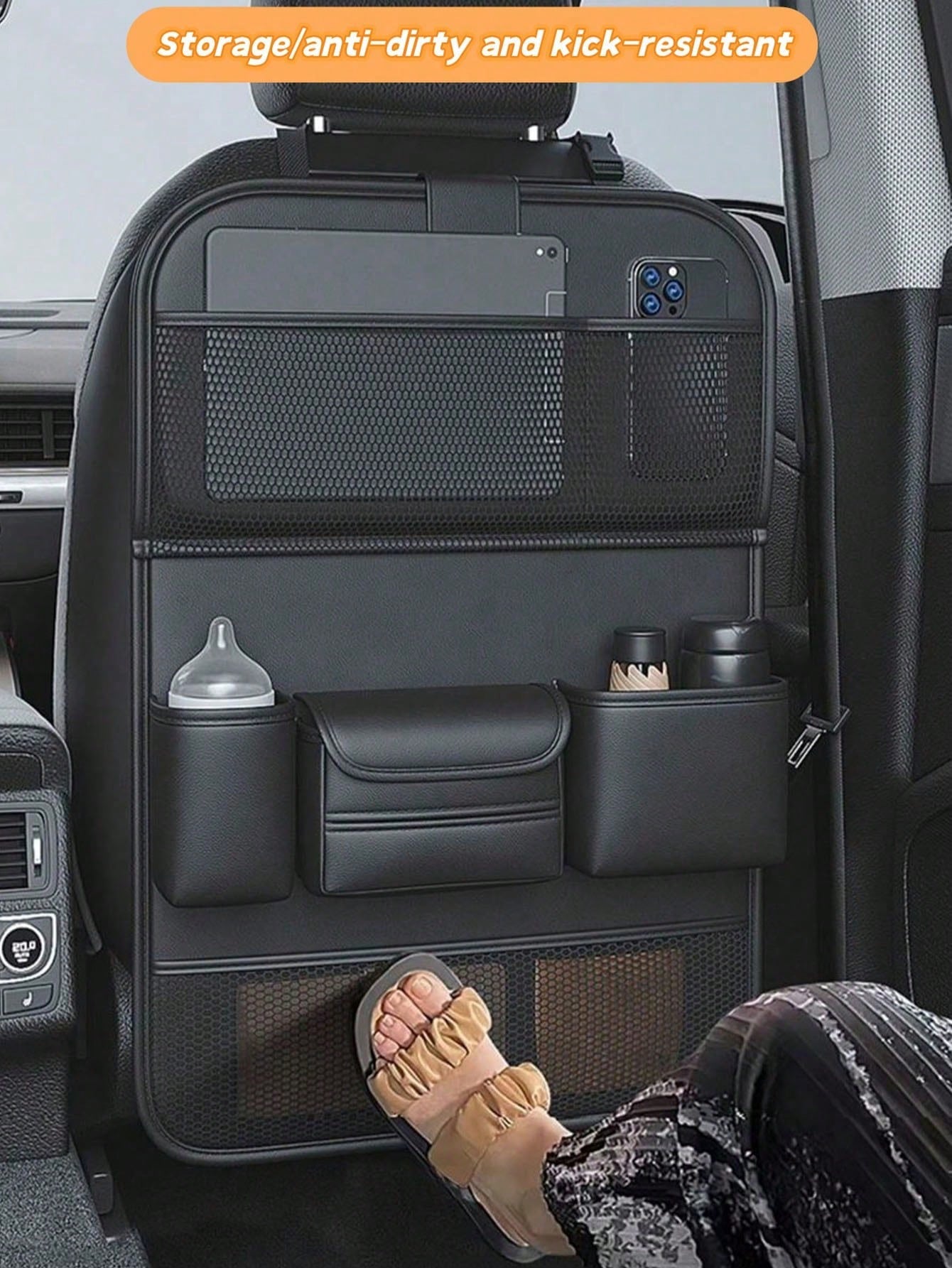 1 Pack Leather Car Backseat Organizer With Foldable Table Tray, Car Storage Organizer With Tablet Holder, Car Seat Back Protectors Kick Mats Travel Accessories