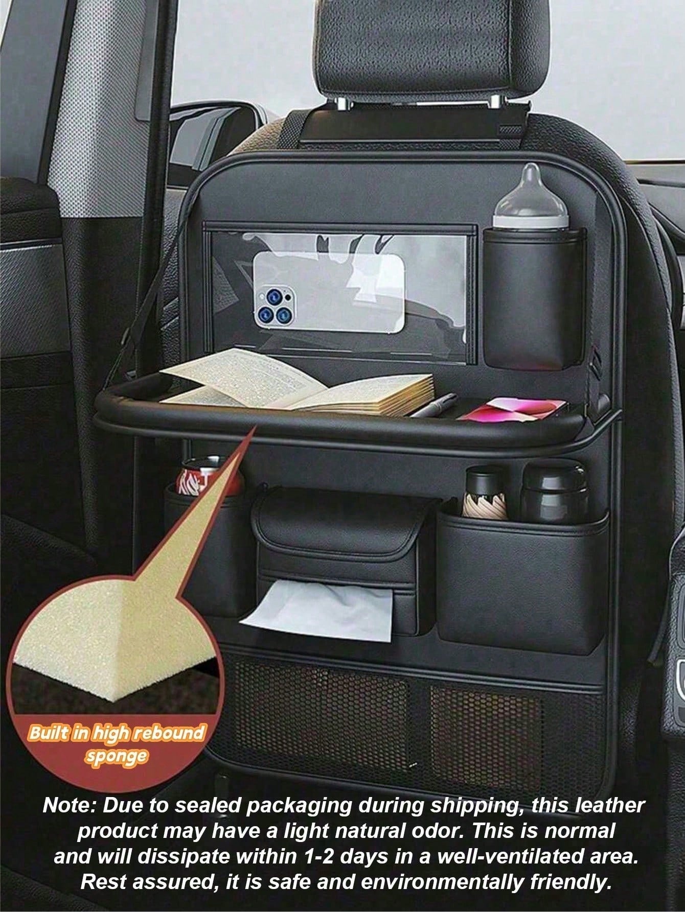 1 Pack Leather Car Backseat Organizer With Foldable Table Tray, Car Storage Organizer With Tablet Holder, Car Seat Back Protectors Kick Mats Travel Accessories