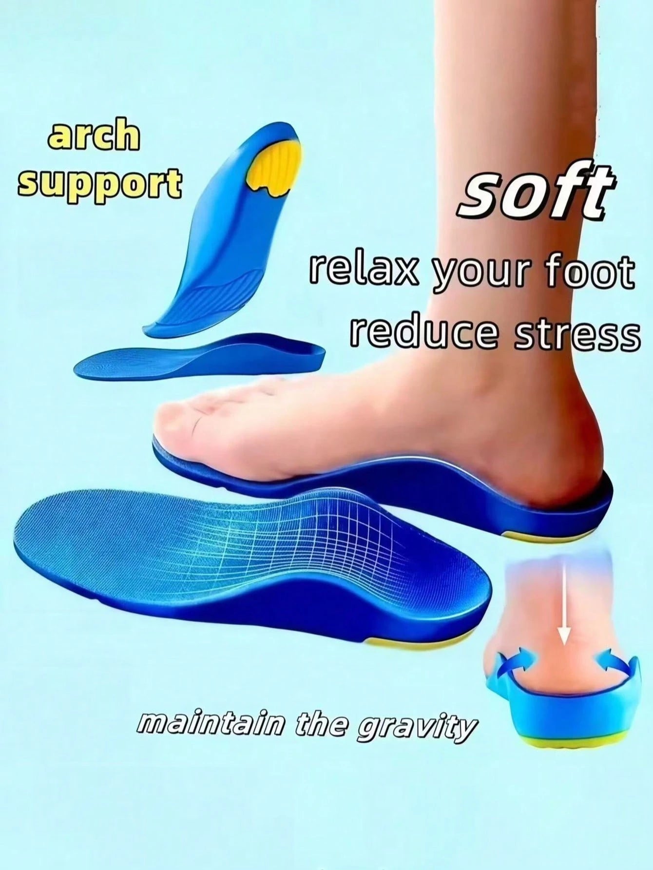 1 Pair Arch Support Insoles, Unisex (Trimmable), Shock Absorption, Massage Insoles (Suitable For Running Shoes And Work Shoes), Suitable For Long-Time Standing, Made Of EVA Material
