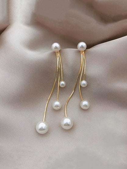 1 Pair Elegant Minimalist Stainless Steel Water Drop Earrings With Faux Pearl Tassel, Low Allergy Long Dangle Tassel Earrings For Women, Suitable For Daily, Party Occasions