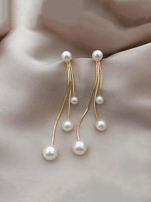 1 Pair Elegant Minimalist Stainless Steel Water Drop Earrings With Faux Pearl Tassel, Low Allergy Long Dangle Tassel Earrings For Women, Suitable For Daily, Party Occasions