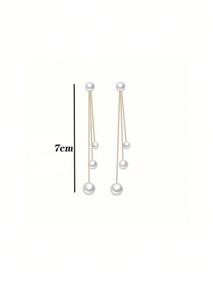 1 Pair Elegant Minimalist Stainless Steel Water Drop Earrings With Faux Pearl Tassel, Low Allergy Long Dangle Tassel Earrings For Women, Suitable For Daily, Party Occasions