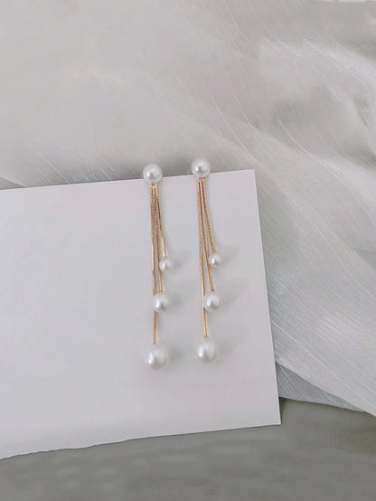 1 Pair Elegant Minimalist Stainless Steel Water Drop Earrings With Faux Pearl Tassel, Low Allergy Long Dangle Tassel Earrings For Women, Suitable For Daily, Party Occasions