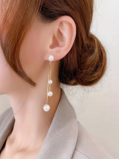 1 Pair Elegant Minimalist Stainless Steel Water Drop Earrings With Faux Pearl Tassel, Low Allergy Long Dangle Tassel Earrings For Women, Suitable For Daily, Party Occasions