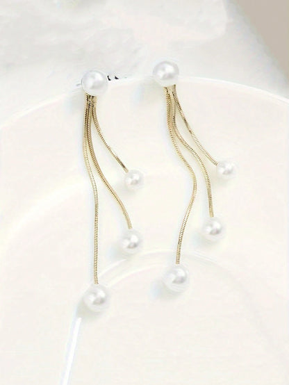 1 Pair Elegant Minimalist Stainless Steel Water Drop Earrings With Faux Pearl Tassel, Low Allergy Long Dangle Tassel Earrings For Women, Suitable For Daily, Party Occasions