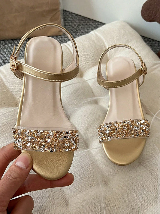 1 Pair Fashion Children's New Sandals, Tie-Up Design, Glamorous Crystal High Heel Dance Shoes, Princess Shoes, Suitable For Parties, Photography, Indoor And Outdoor