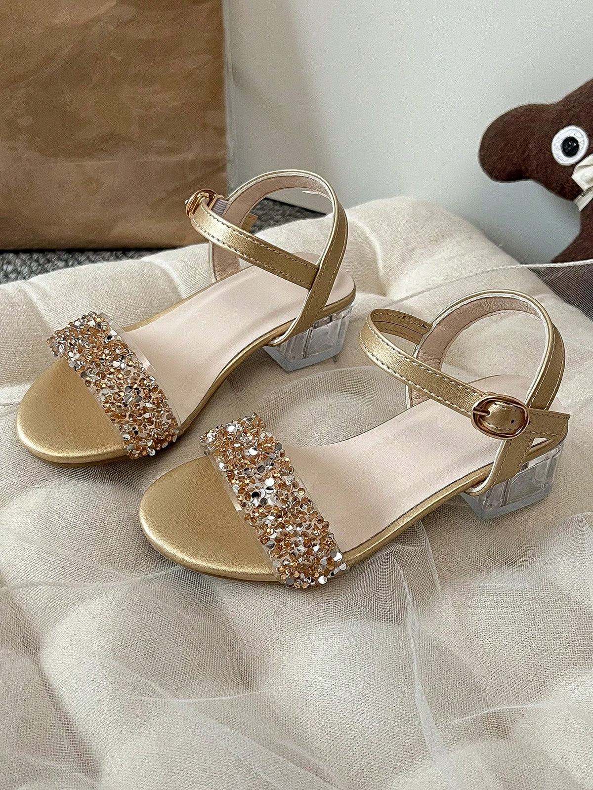 1 Pair Fashion Children's New Sandals, Tie-Up Design, Glamorous Crystal High Heel Dance Shoes, Princess Shoes, Suitable For Parties, Photography, Indoor And Outdoor