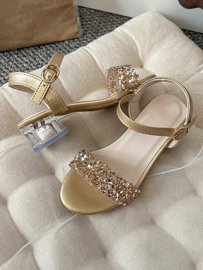 1 Pair Fashion Children's New Sandals, Tie-Up Design, Glamorous Crystal High Heel Dance Shoes, Princess Shoes, Suitable For Parties, Photography, Indoor And Outdoor