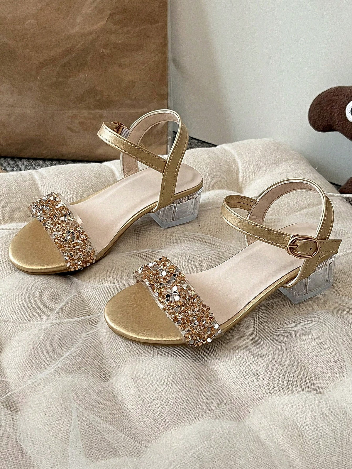1 Pair Fashion Children's New Sandals, Tie-Up Design, Glamorous Crystal High Heel Dance Shoes, Princess Shoes, Suitable For Parties, Photography, Indoor And Outdoor