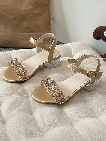 1 Pair Fashion Children's New Sandals, Tie-Up Design, Glamorous Crystal High Heel Dance Shoes, Princess Shoes, Suitable For Parties, Photography, Indoor And Outdoor
