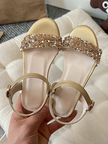 1 Pair Fashion Children's New Sandals, Tie-Up Design, Glamorous Crystal High Heel Dance Shoes, Princess Shoes, Suitable For Parties, Photography, Indoor And Outdoor