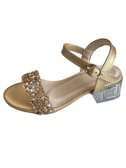 1 Pair Fashion Children's New Sandals, Tie-Up Design, Glamorous Crystal High Heel Dance Shoes, Princess Shoes, Suitable For Parties, Photography, Indoor And Outdoor