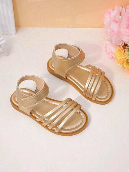 1 Pair Girls' Sandals, Gold Metallic Material, Decorated With Multiple Ornaments, Faux Leather Material, Fits Foot Shape, Open Toe Low-Top, Hook And Loop Strap, Flat Design, Fashionable And Versatile