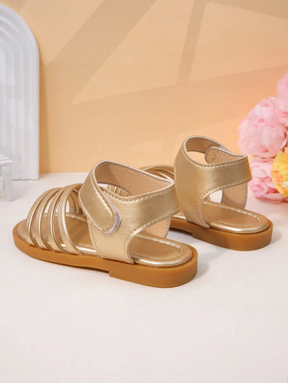 1 Pair Girls' Sandals, Gold Metallic Material, Decorated With Multiple Ornaments, Faux Leather Material, Fits Foot Shape, Open Toe Low-Top, Hook And Loop Strap, Flat Design, Fashionable And Versatile