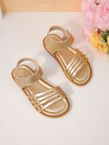 1 Pair Girls' Sandals, Gold Metallic Material, Decorated With Multiple Ornaments, Faux Leather Material, Fits Foot Shape, Open Toe Low-Top, Hook And Loop Strap, Flat Design, Fashionable And Versatile