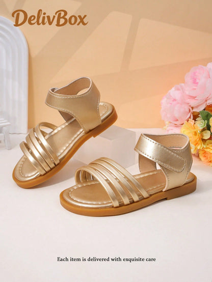 1 Pair Girls' Sandals, Gold Metallic Material, Decorated With Multiple Ornaments, Faux Leather Material, Fits Foot Shape, Open Toe Low-Top, Hook And Loop Strap, Flat Design, Fashionable And Versatile
