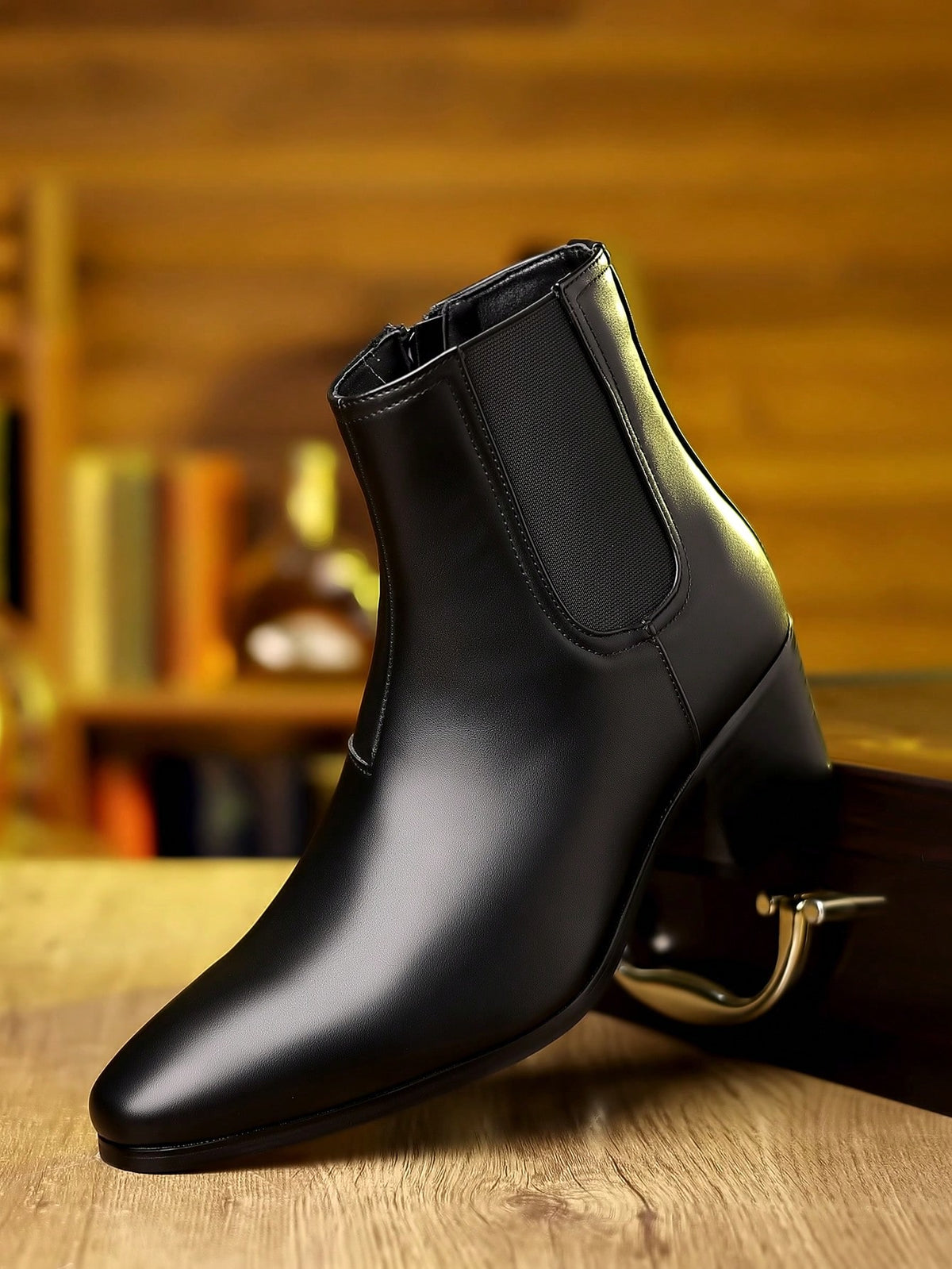 1 Pair Men's Fashion Versatile High-Top British Style Shiny Leather Chelsea Boots