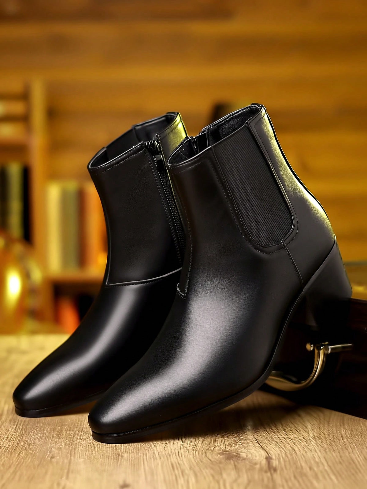 1 Pair Men's Fashion Versatile High-Top British Style Shiny Leather Chelsea Boots