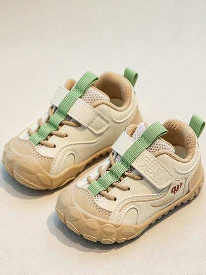 1 Pair PU Spring/Autumn Infant Toddler Walking Shoes, Anti-Collision Toe Lightweight Breathable Hook & Loop Athletic Shoes