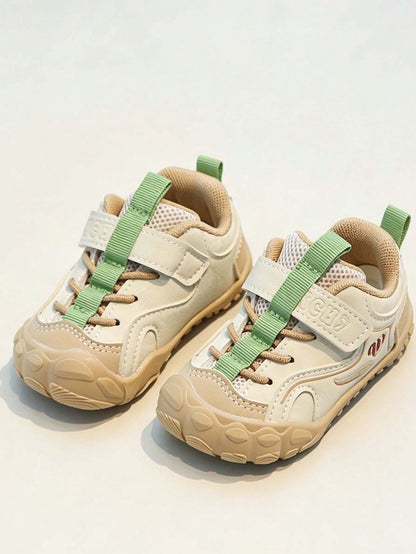 1 Pair PU Spring/Autumn Infant Toddler Walking Shoes, Anti-Collision Toe Lightweight Breathable Hook & Loop Athletic Shoes