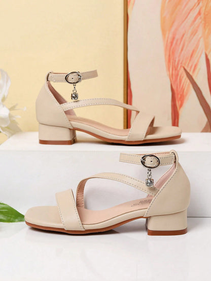 1 Pair Summer New Girls' Fashion Roman High Heel Sandals, Diagonal Strap Decor Personalized Elegant Dignified Elegant, Girls' High Heel Dance Shoes, Student Performance Daily Activity Sandals