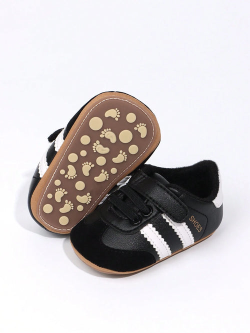 1 Pair Toddler Boys' Stripe PU Hook And Loop Design Soft Sole Anti-Slip Comfortable 0-15 Months Infant Prewalker Shoes, Fashion Classic Casual Sneakers, Suitable For Spring/Autumn