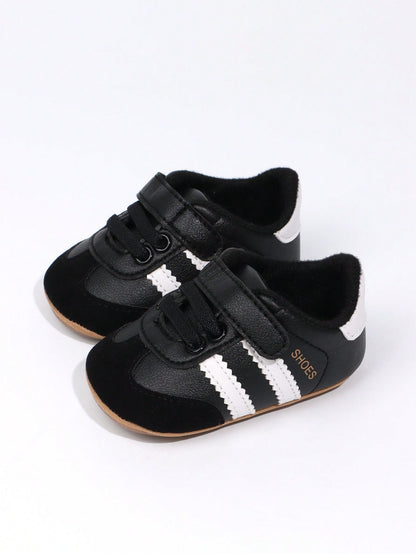 1 Pair Toddler Boys' Stripe PU Hook And Loop Design Soft Sole Anti-Slip Comfortable 0-15 Months Infant Prewalker Shoes, Fashion Classic Casual Sneakers, Suitable For Spring/Autumn