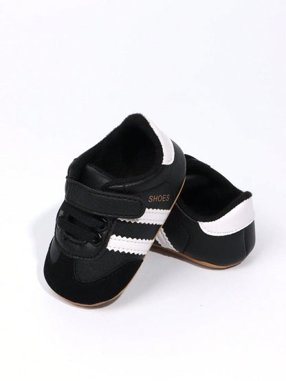 1 Pair Toddler Boys' Stripe PU Hook And Loop Design Soft Sole Anti-Slip Comfortable 0-15 Months Infant Prewalker Shoes, Fashion Classic Casual Sneakers, Suitable For Spring/Autumn