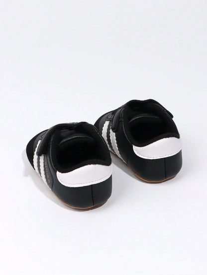 1 Pair Toddler Boys' Stripe PU Hook And Loop Design Soft Sole Anti-Slip Comfortable 0-15 Months Infant Prewalker Shoes, Fashion Classic Casual Sneakers, Suitable For Spring/Autumn