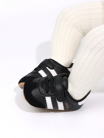 1 Pair Toddler Boys' Stripe PU Hook And Loop Design Soft Sole Anti-Slip Comfortable 0-15 Months Infant Prewalker Shoes, Fashion Classic Casual Sneakers, Suitable For Spring/Autumn