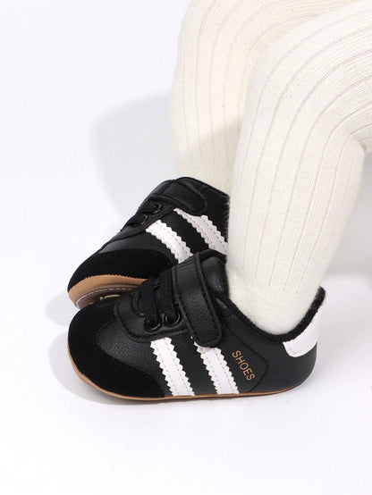 1 Pair Toddler Boys' Stripe PU Hook And Loop Design Soft Sole Anti-Slip Comfortable 0-15 Months Infant Prewalker Shoes, Fashion Classic Casual Sneakers, Suitable For Spring/Autumn