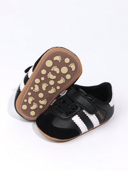1 Pair Toddler Boys' Stripe PU Hook And Loop Design Soft Sole Anti-Slip Comfortable 0-15 Months Infant Prewalker Shoes, Fashion Classic Casual Sneakers, Suitable For Spring/Autumn