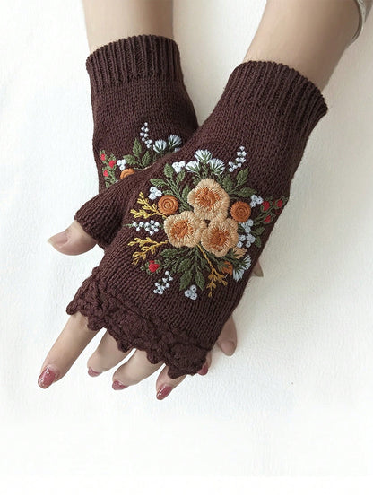 1 Pair Women Retro Style Handmade Crochet Edge Embroidered Floral Half Finger Knitted Gloves, Autumn/Winter Summer