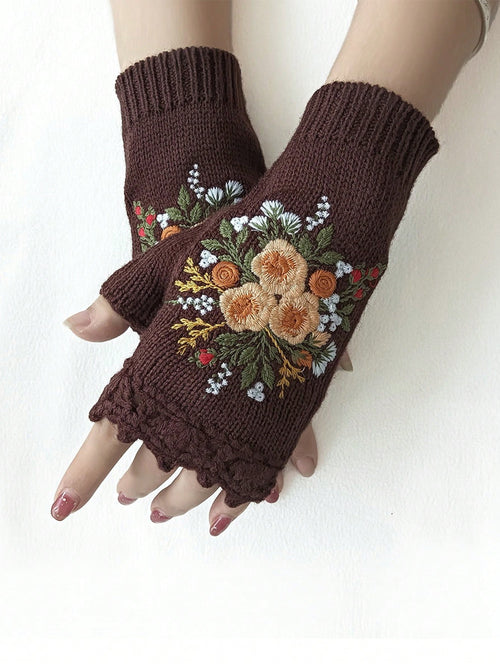 1 Pair Women Retro Style Handmade Crochet Edge Embroidered Floral Half Finger Knitted Gloves, Autumn/Winter Summer