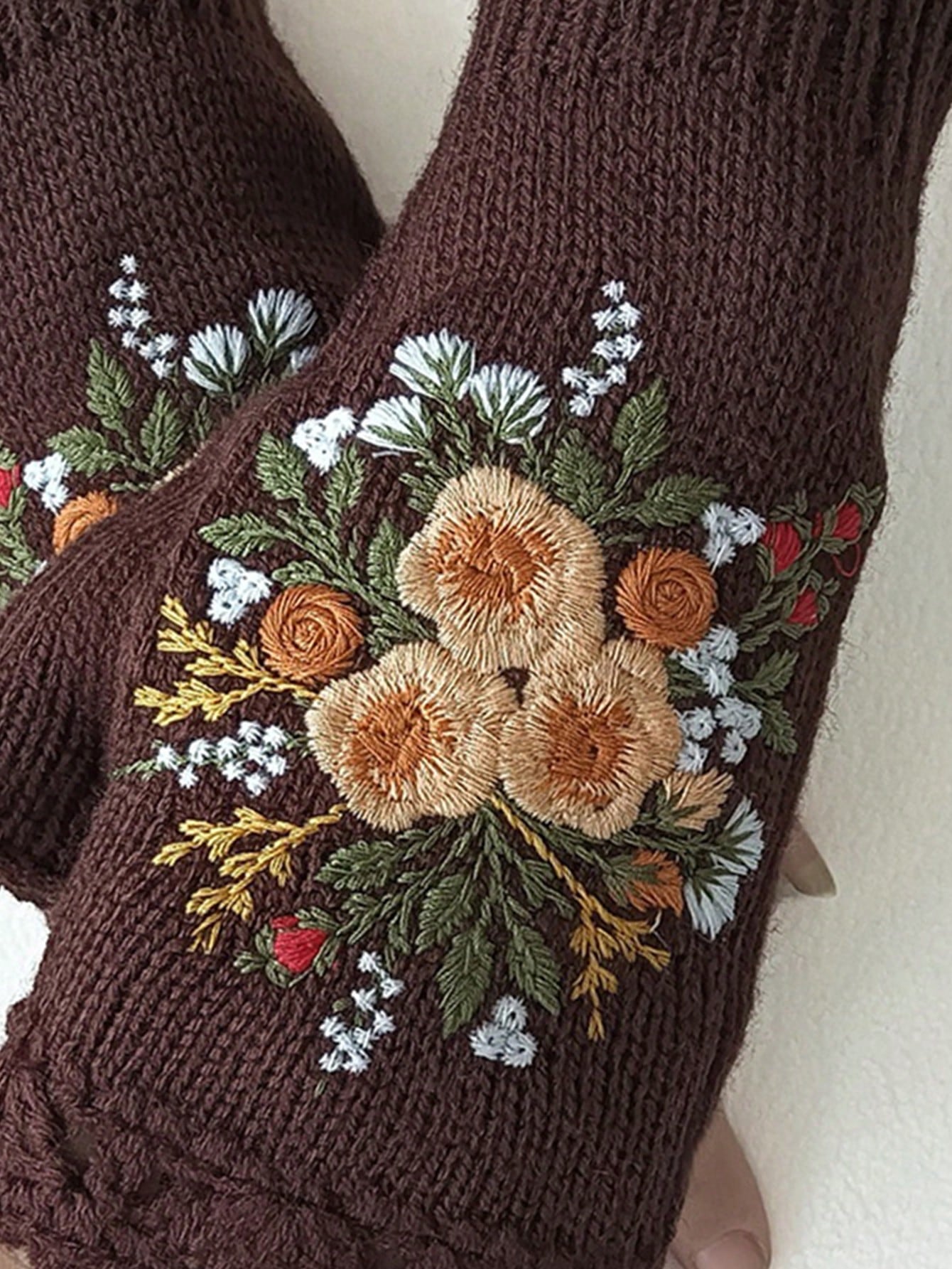 1 Pair Women Retro Style Handmade Crochet Edge Embroidered Floral Half Finger Knitted Gloves, Autumn/Winter Summer
