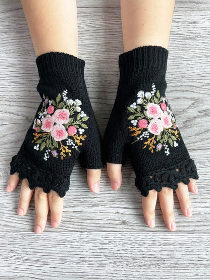 1 Pair Women Retro Style Handmade Crochet Edge Embroidered Floral Half Finger Knitted Gloves, Autumn/Winter Summer