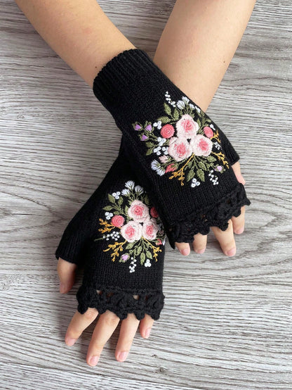 1 Pair Women Retro Style Handmade Crochet Edge Embroidered Floral Half Finger Knitted Gloves, Autumn/Winter Summer